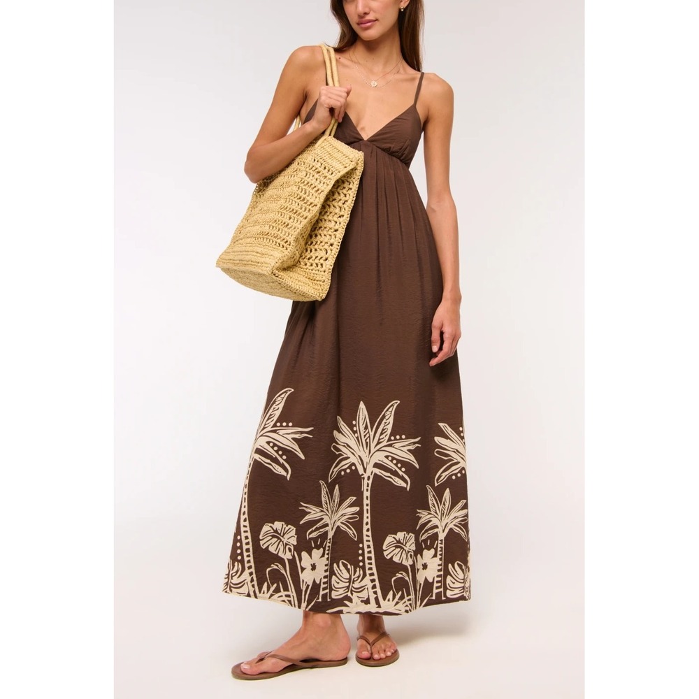 Abercrombie & Fitch Bra Free Brown Tropical Palm Print Open Back Maxi Dress ST